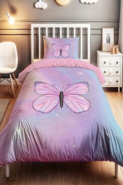 EVPANYA Işıltılı Kelebek Desenli Tek Kişilik Bebek Çocuk Nevresim Seti