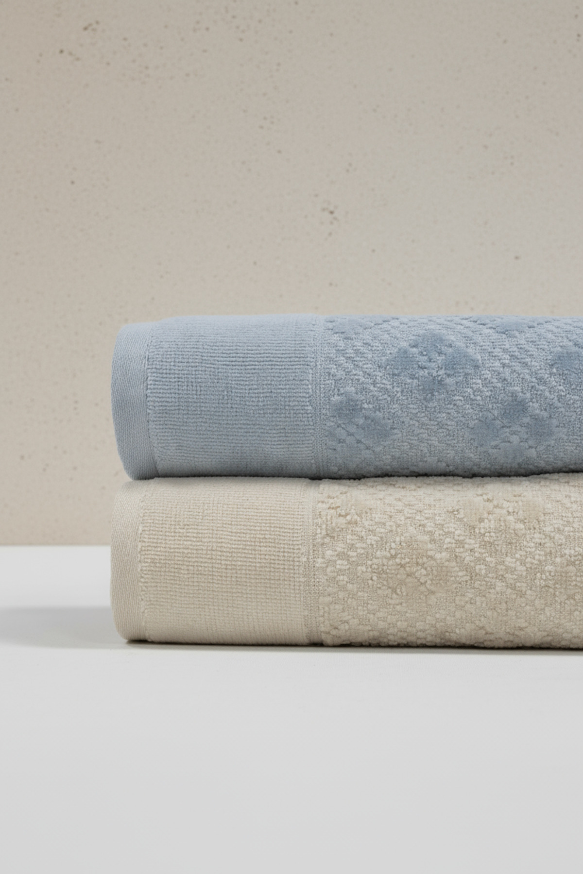 Class 2'li 50x100 cm %100 Pamuklu Kadife El ve Yüz Havlu Seti - Clerica Bej / Mavi