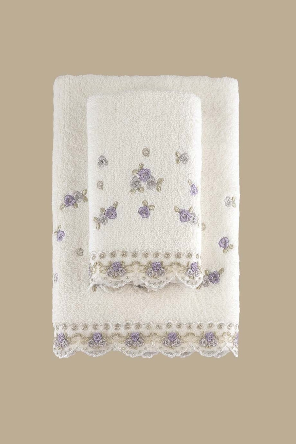 Arliva Home Meltem Nakıslı 2lı Havlu Setı Krem-lıla 30x50 50x80