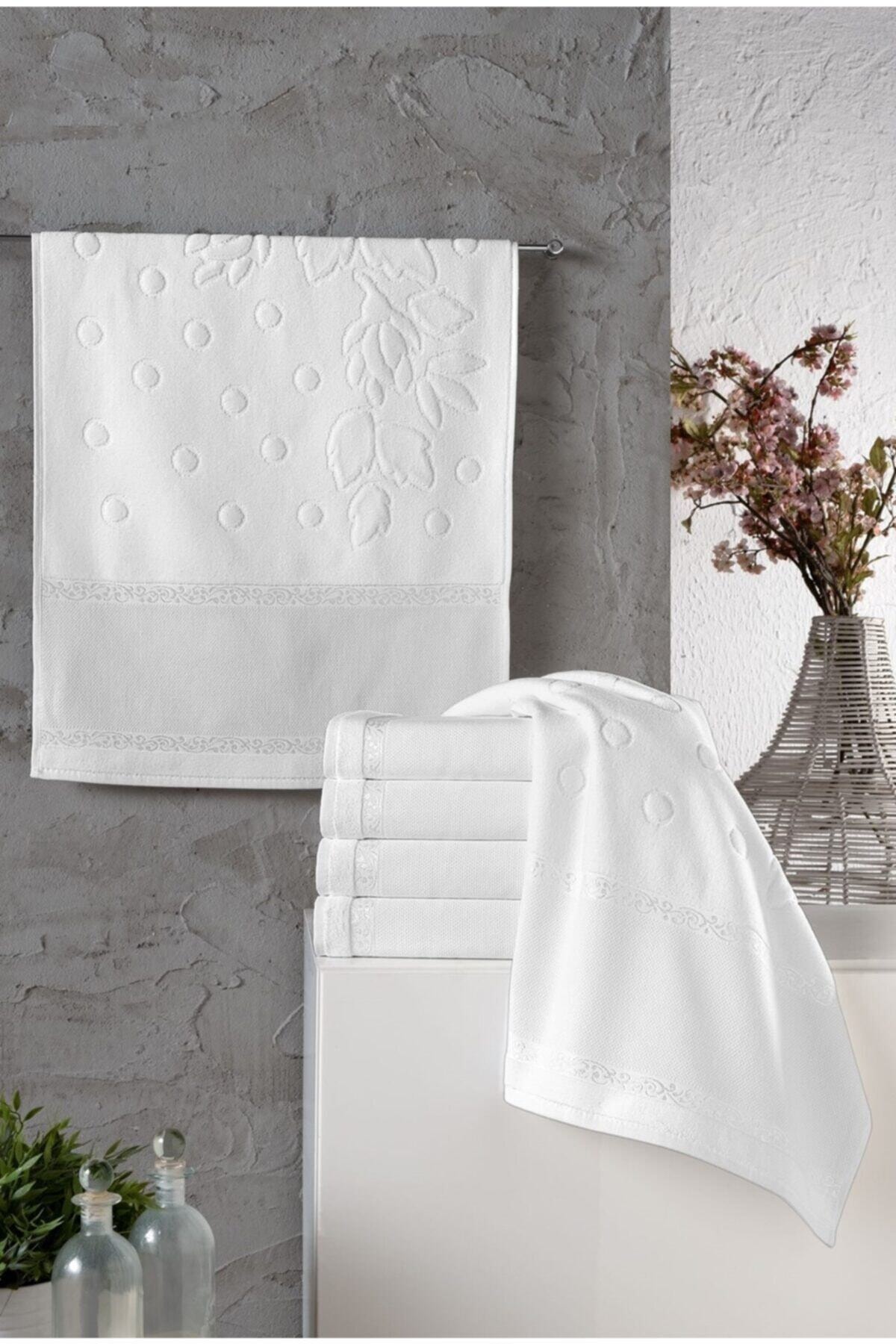 Fiesta 6 Adet 50 X 90 Etamın Bordurlu Jakarlı Beyaz El Yüz Havlusu Kanevice Işlemelik