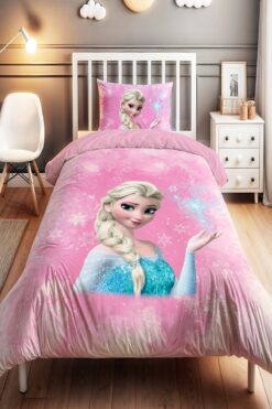 EVPANYA Kar Kristallı Pembe Elsa Desenli Tek Kişilik Bebek Çocuk Nevresim Seti