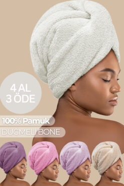 Miss Paris Home Düğme Lastikli Saç Havlusu, Saç Bonesi, Makyaj Bonesi, Yüz Bakım Havlusu, Banyo Sonrası Saç Kurutma