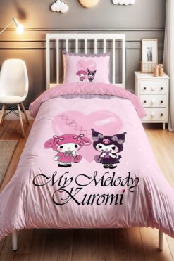 EVPANYA Pembe Puantiyeli My Melody ve Kuromi Desenli Tek Kişilik Bebek Çocuk Nevresim Seti