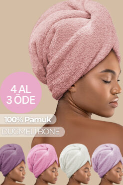 Miss Paris Home Düğme Lastikli Saç Havlusu, Saç Bonesi, Makyaj Bonesi, Yüz Bakım Havlusu, Banyo Sonrası Saç Kurutma