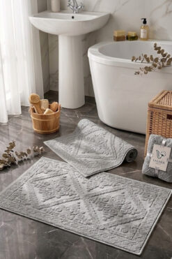 Valmia Home 2'li Set %100 Pamuklu Lüks Jakarlı Banyo Ayak Havlusu Paspası 50x70 cm