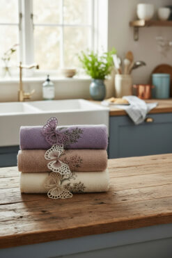 asev tekstil Papillon 30x50 Cm Güpür Kelebek İşlemeli 3’lü Mutfak Havlusu | El Havlusu | Yüz Havlusu Seti