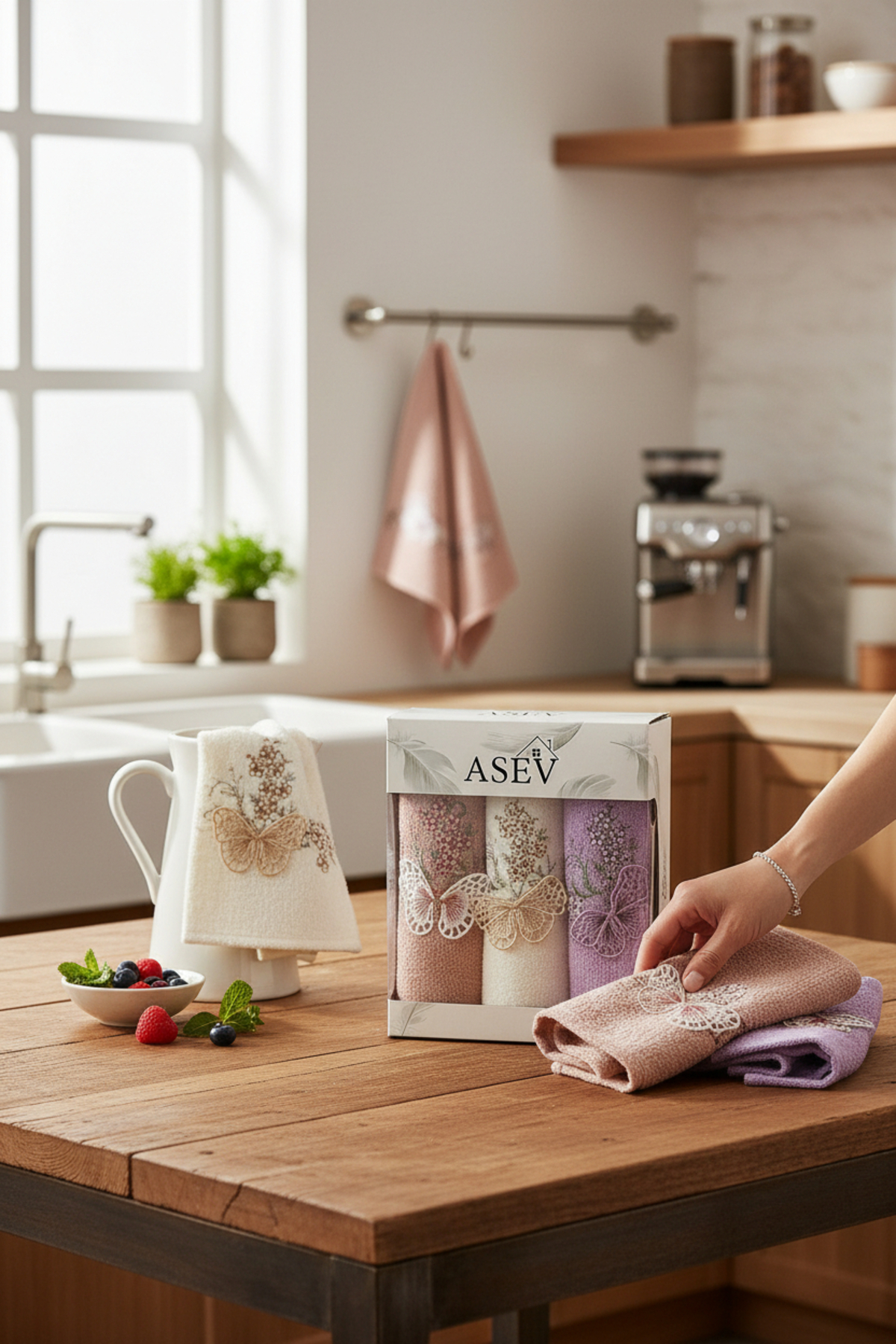 asev tekstil Papillon 30x50 Cm Güpür Kelebek İşlemeli 3’lü Mutfak Havlusu | El Havlusu | Yüz Havlusu Seti - Görsel 2