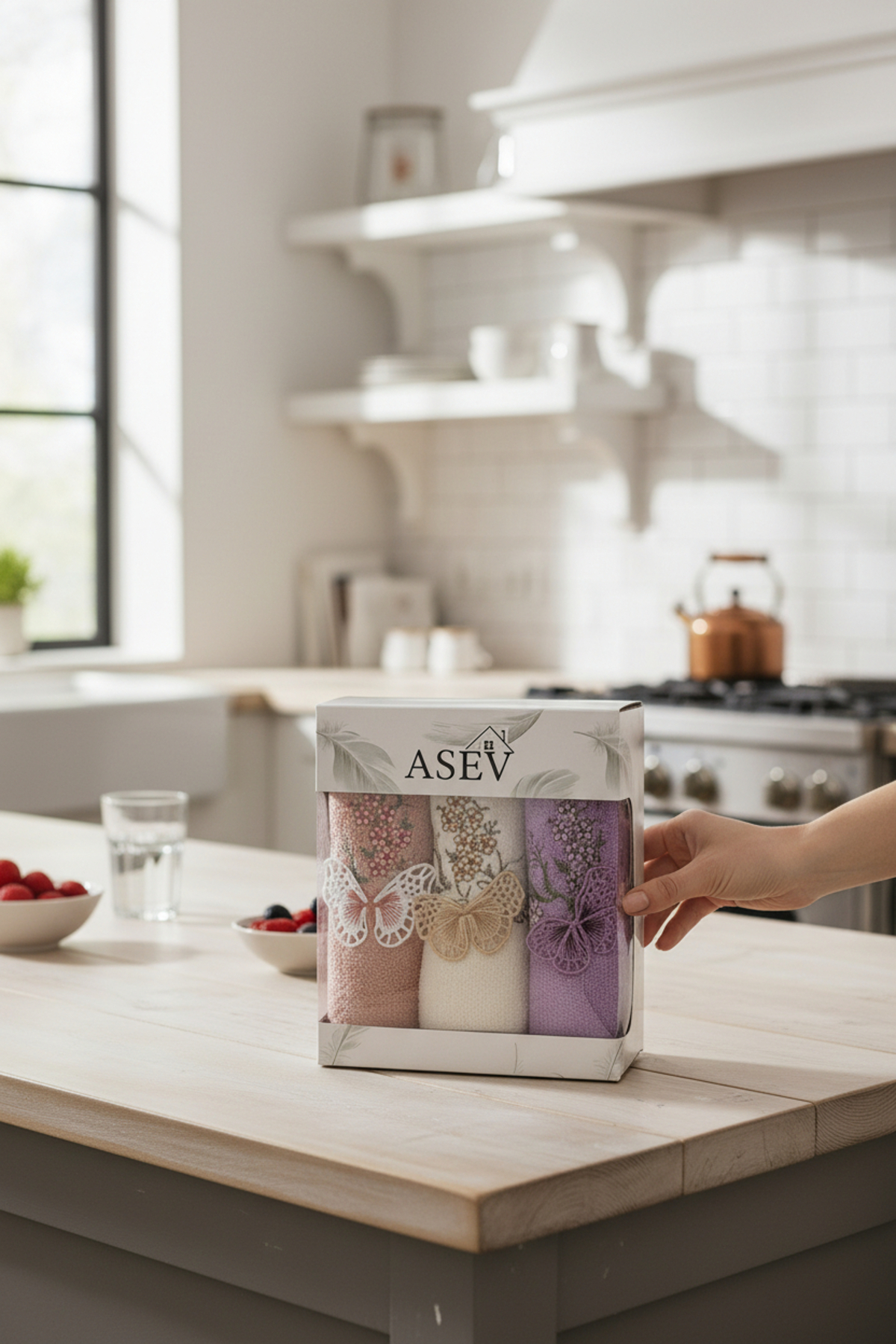 asev tekstil Papillon 30x50 Cm Güpür Kelebek İşlemeli 3’lü Mutfak Havlusu | El Havlusu | Yüz Havlusu Seti - Görsel 3