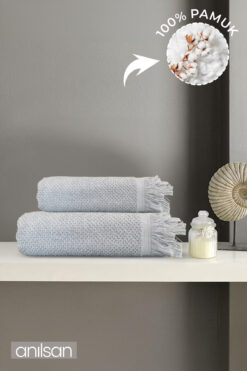 Anılsan 2'li Gri Jelena Havlu Seti %100 Pamuk  - 1 Adet El Havlusu 50x90 ve 1 Adet Banyo Havlusu 70x140