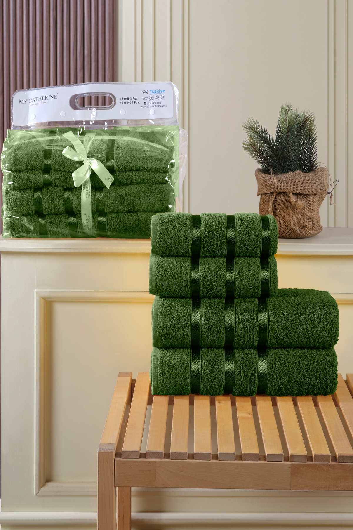 My Catherine 4'lü Hamam Takımı %100 Pamuk 2 Adet Büyük Banyo Havlu (70x140cm), 2 Adet Yüz Havlusu Seti (50x90cm) - Görsel 2