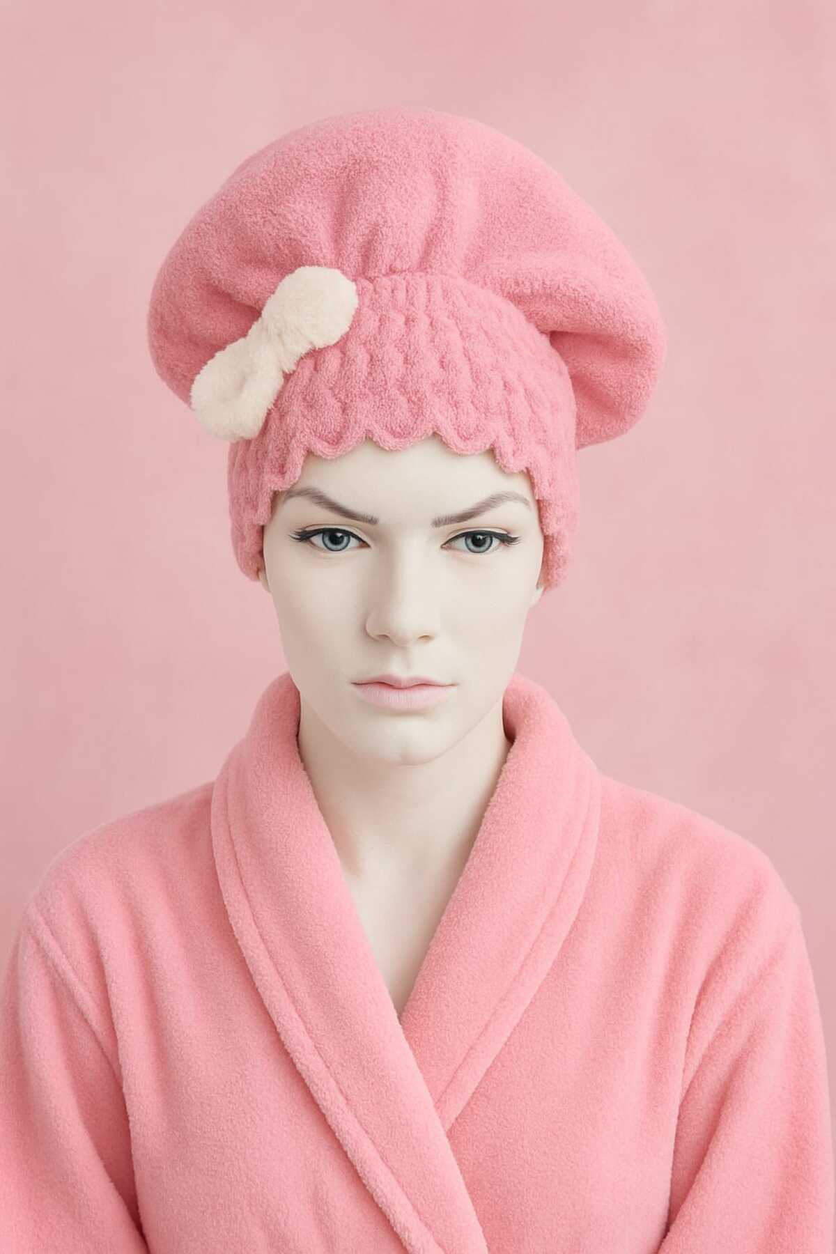 Genel Markalar Saç Kurulama Banyo Duş Bonesi – %100 Pamuk , Fiyonklu Pembe - Görsel 2