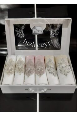 Hızlı Çeyiz Güpürlü Saten Işleme Desenli Kutulu Lüks Çeyizlik 50x90 6'lı El Yüz Havlu Seti