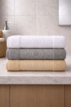Cotton 3'lü %100 Pamuklu Havlu Seti Kabartmalı Otantik Desenli 50x90 El ve Yüz Havlusu