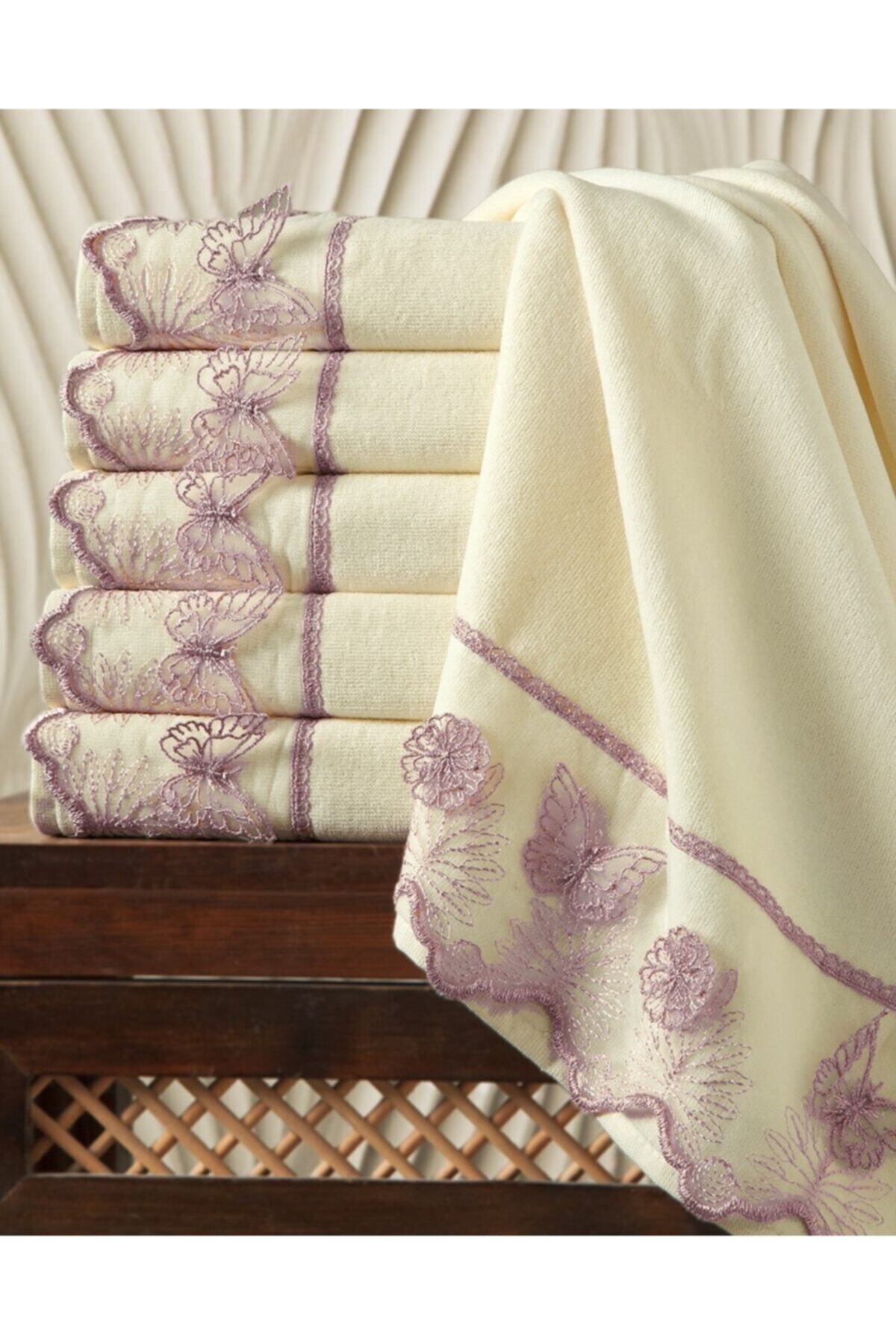 AYHANHOME Kelebek Güpürlü 3'lü %100 Pamuk 50x90 El Ve Yüz Havlu Seti