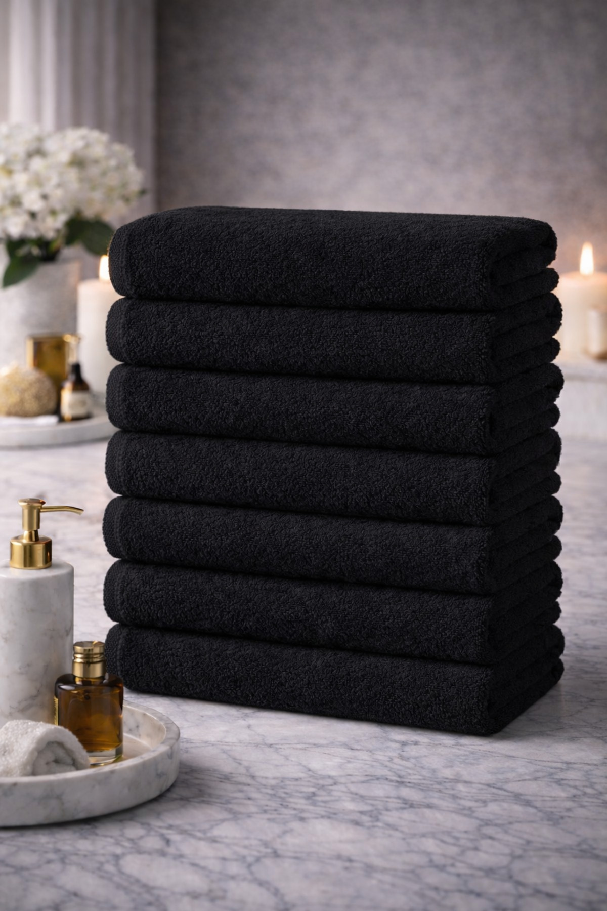 Elaganya 8’li Siyah Berber Havlusu 50x90 cm | Pamuklu, Leke Tutmayan, Profesyonel Kuaför Havlu Seti