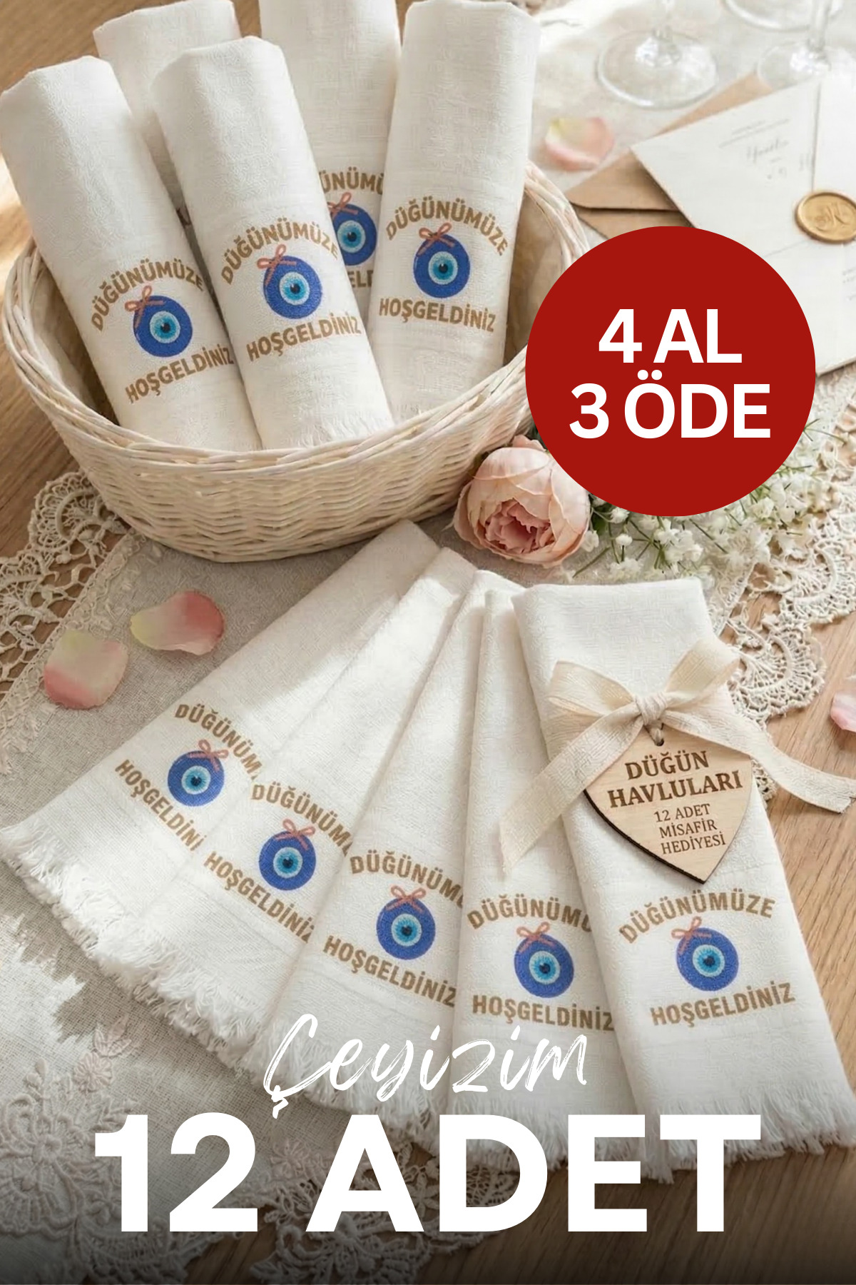 Çeyizim 12 Adet Düğün Havlusu | Nişan - Sünnet Havlusu | Konvoy - Araba Havlusu | Desenli ve Saçaklı