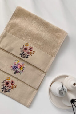 Sevim 3'lü Çiçek Baskılı Havlu Takımı - Bej Renk Bambu El Havlusu Seti - Yumuşak & Süper Emici - 30x50 Cm