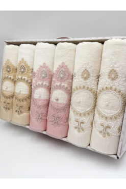 AYHANHOME Güpürlü Saten Işlemeli Kutulu Lüks Çeyizlik 50x90 6'lı El Yüz Havlu Seti