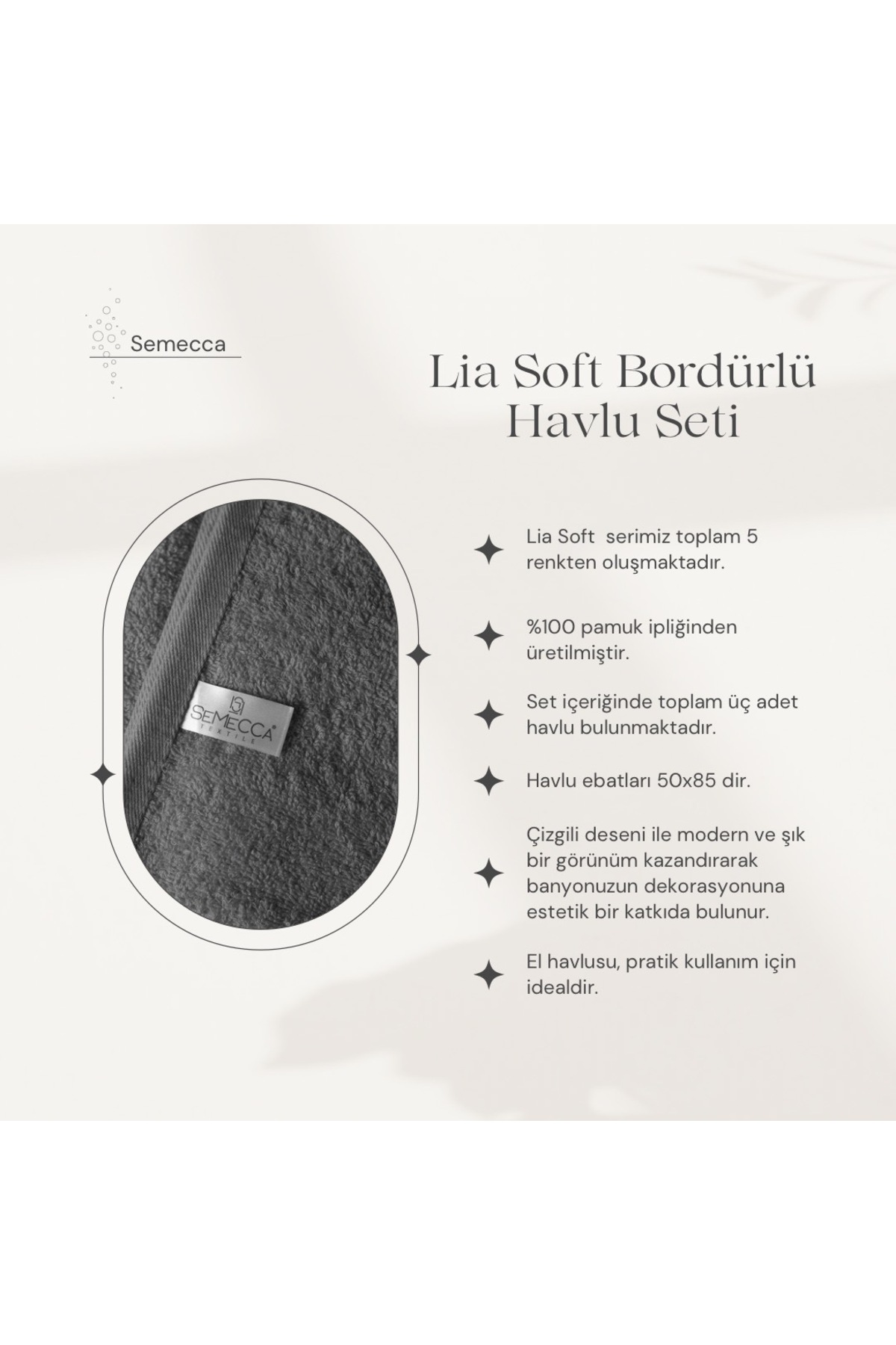 Semecca Lia Soft Bordürü Serisi 3'lü Havlu Seti 50x85 - Görsel 2