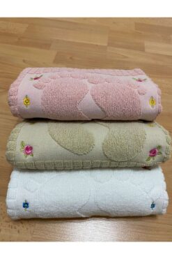 AYHANHOME 3 Adet Pudra*krem*kahve Renk Nakışlı Ayak Havlusu %100 Pamuk Ölçü:50x70