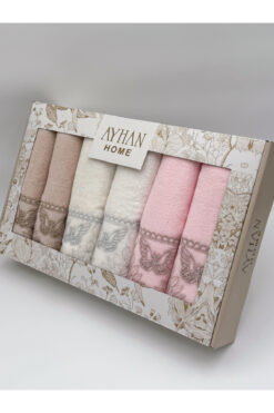 AYHANHOME Kelebek Nakışlı Kutulu Kadife 6'lı 50x90 El Yüz Havlu Seti