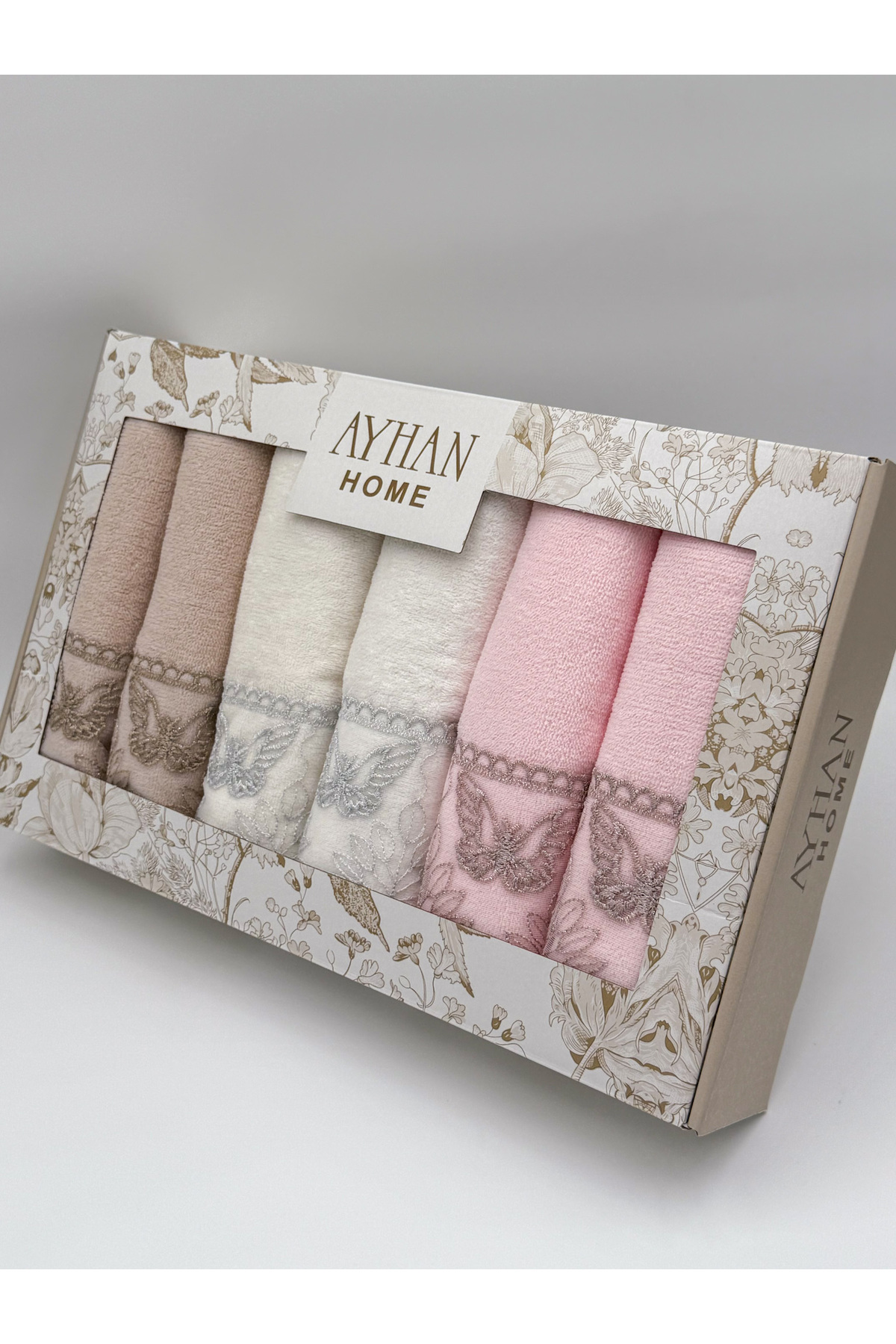 AYHANHOME Kelebek Nakışlı Kutulu Kadife 6'lı 50x90 El Yüz Havlu Seti