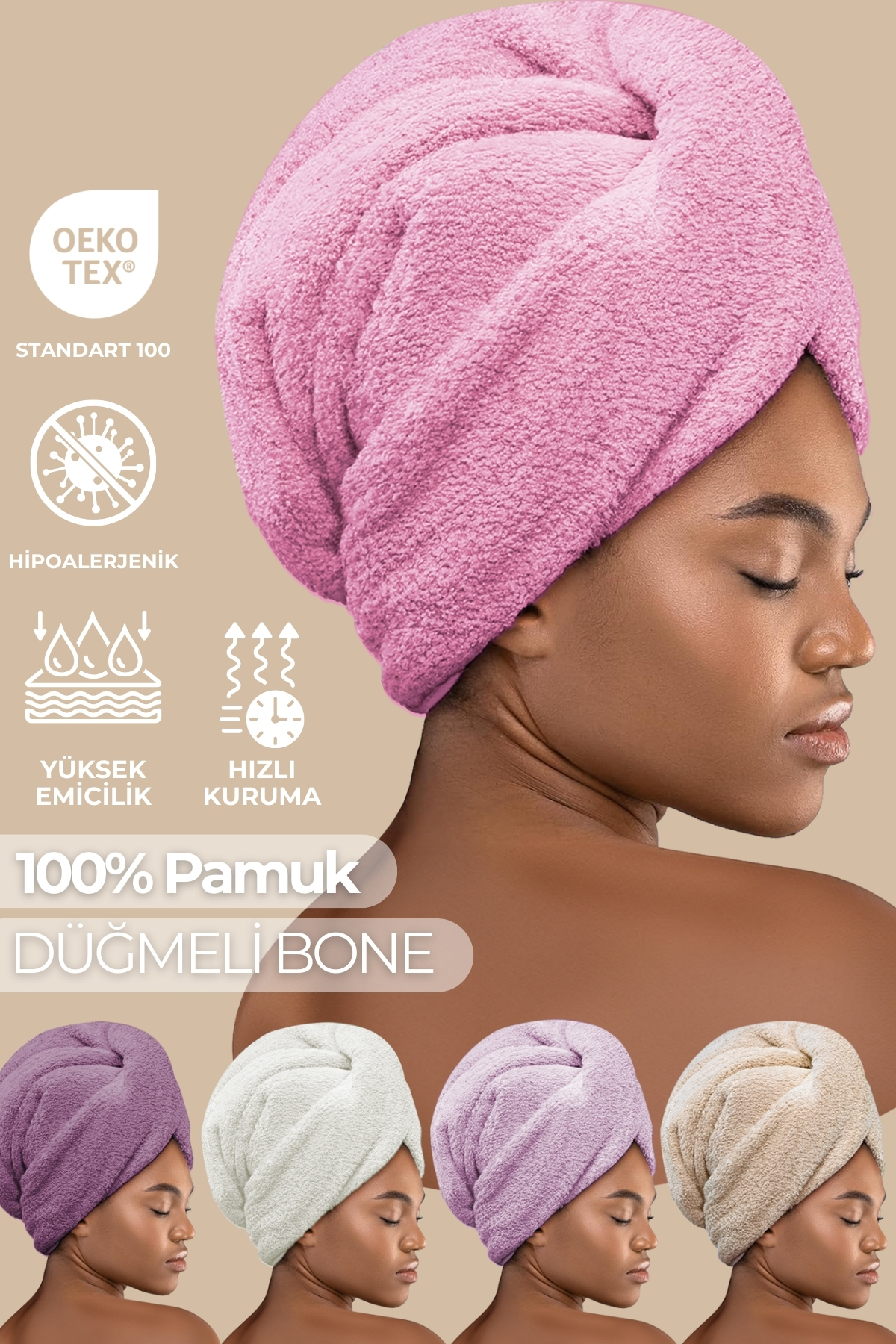 Miss Paris Home Düğme Lastikli Saç Havlusu, Saç Bonesi, Makyaj Bonesi, Yüz Bakım Havlusu, Banyo Sonrası Saç Kurutma - Görsel 2