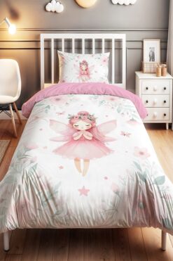 EVPANYA Pembe Kelebekli Peri Kızı Desenli Tek Kişilik Bebek Çocuk Nevresim Seti