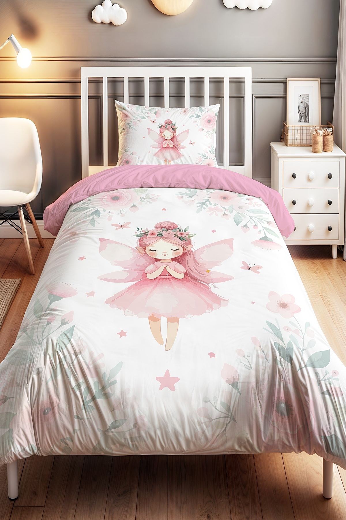 EVPANYA Pembe Kelebekli Peri Kızı Desenli Tek Kişilik Bebek Çocuk Nevresim Seti