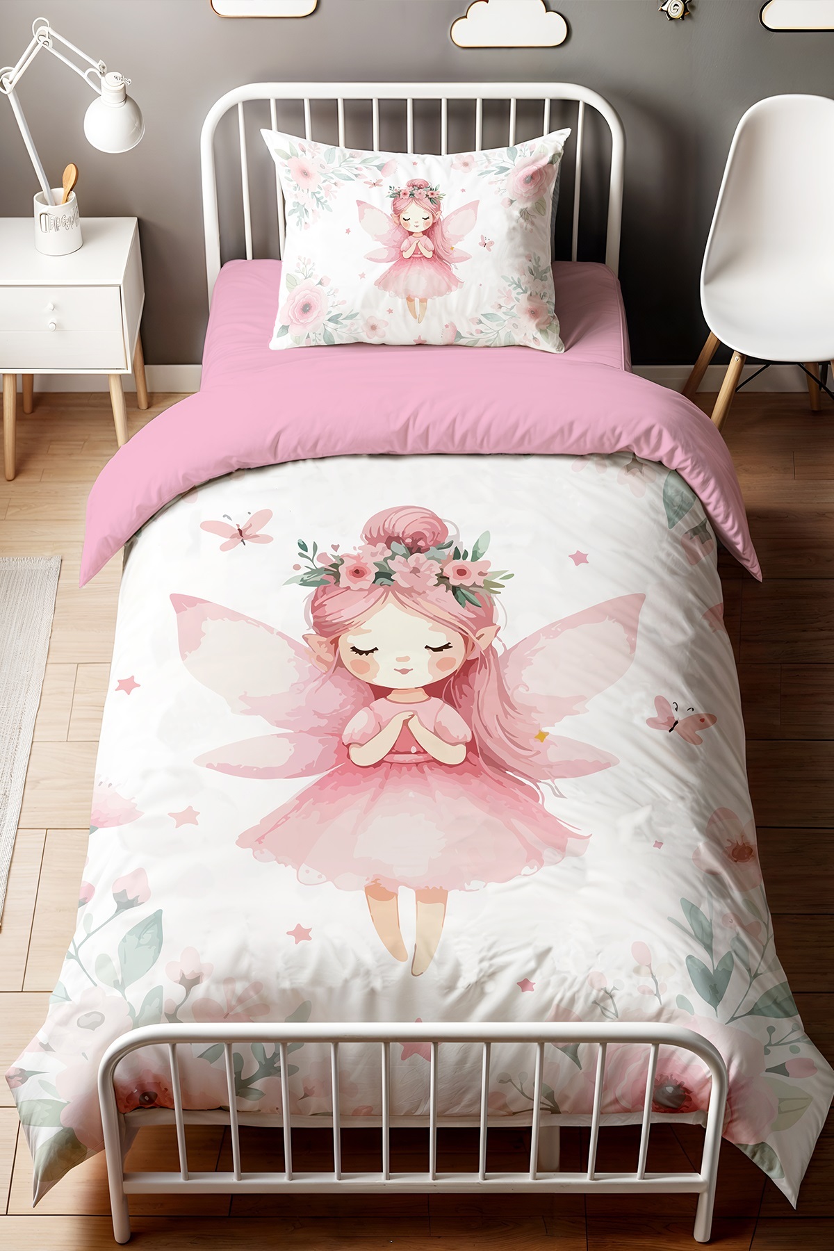 EVPANYA Pembe Kelebekli Peri Kızı Desenli Tek Kişilik Bebek Çocuk Nevresim Seti - Görsel 2