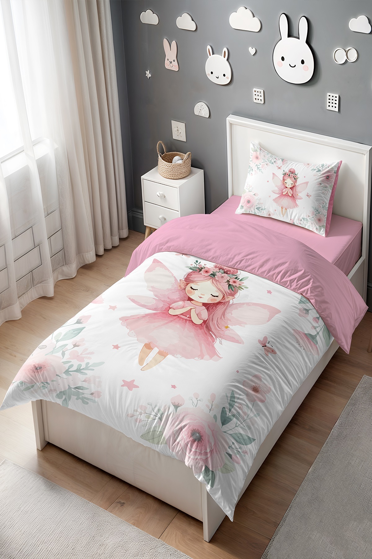 EVPANYA Pembe Kelebekli Peri Kızı Desenli Tek Kişilik Bebek Çocuk Nevresim Seti - Görsel 3