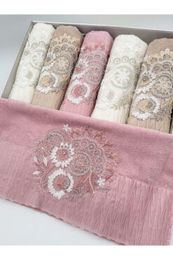 AYHANHOME Saten Işleme Desenli Güpürlü Kutulu Lüks Çeyizlik 50x90 6'lı El Yüz Havlu Seti