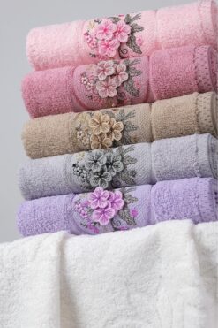 ME-SA LuxuriA Glorya Model 50x90 Çeyizlik Bukle 6 Adet Jakarlı 3D Nakışlı Asortili El Yüz Havlusu