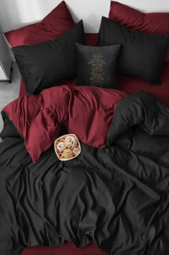 İQON Lastikli Çarşaflı Nevresim Takımı Çift Kişilik Bordo-Siyah BlackBurgundy