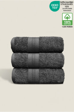 Ellaline 3'lü Havlu Seti %100 Pamuk Sertifikalı Elmas Desen Bordür Antrasit El / Yüz Havlusu Takımı 50x80cm