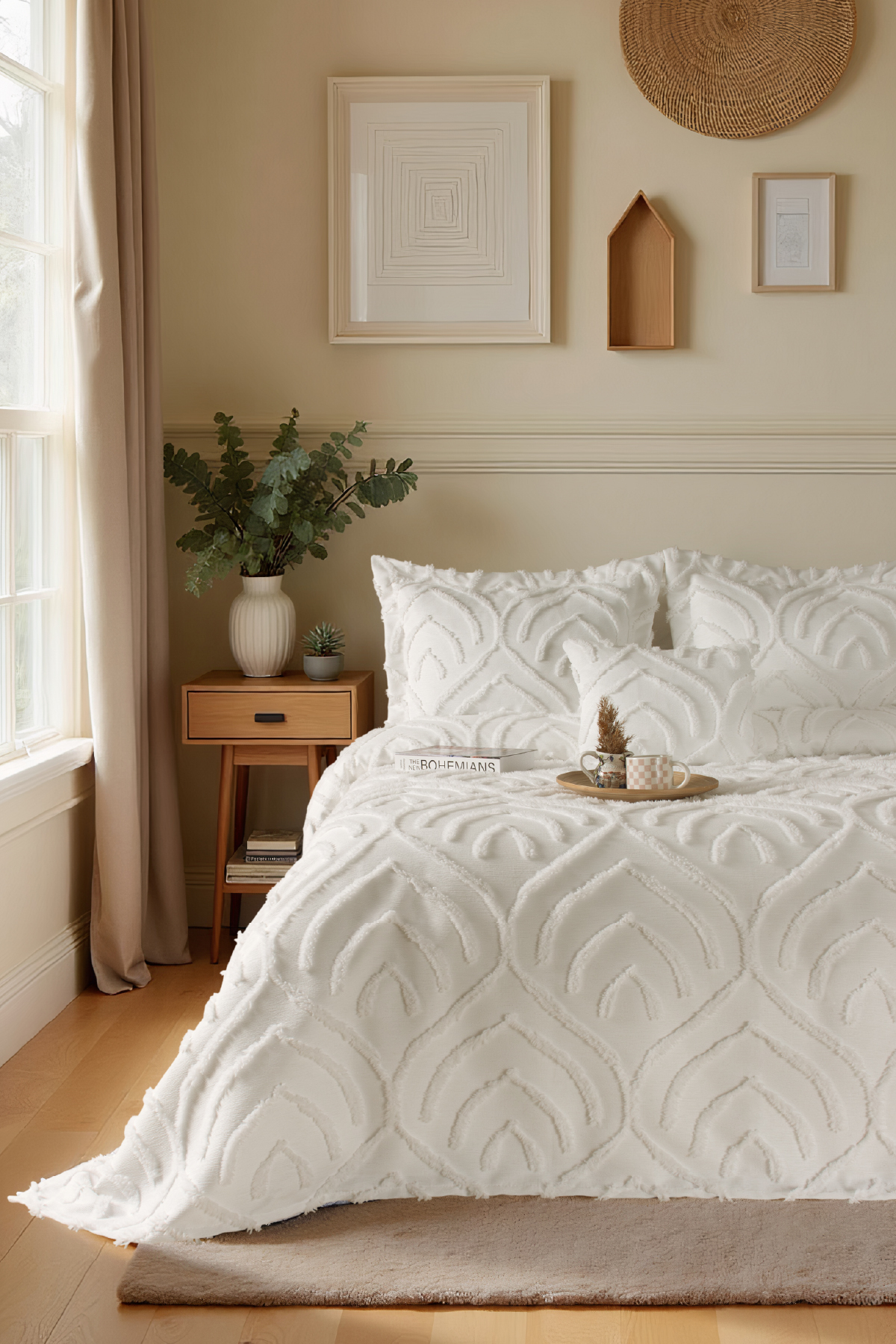 Odamoda Jun Çift Kişilik Yatak Örtüsü Seti EKRU - İskandinav Bohem Püsküllü Örtü Takımı - Şık Kutu ve Paket