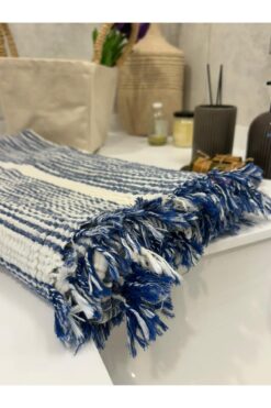 Monochrome Müslin-Banyo & Plaj Havlusu Peştemal -4 Kat % 100 Pamuk(190 cm x 100 cm) Mavi- Ekru Çizgili