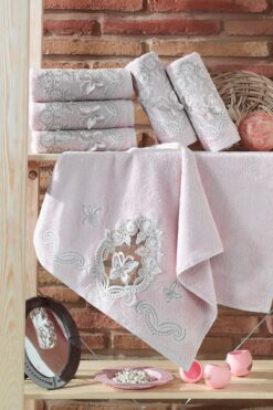 Dantela Bambu Fransız Güpürlü Çeyizlik Lüks Havlu - Renk : Pudra : 1 Adet - Model : Kelebekli