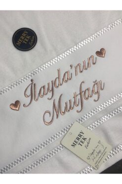 MERRYTEK Fashion İsimli Gelin Mutfak Havlusu Rosegold Bakır sim Metalik Nakışlı 50x90cm