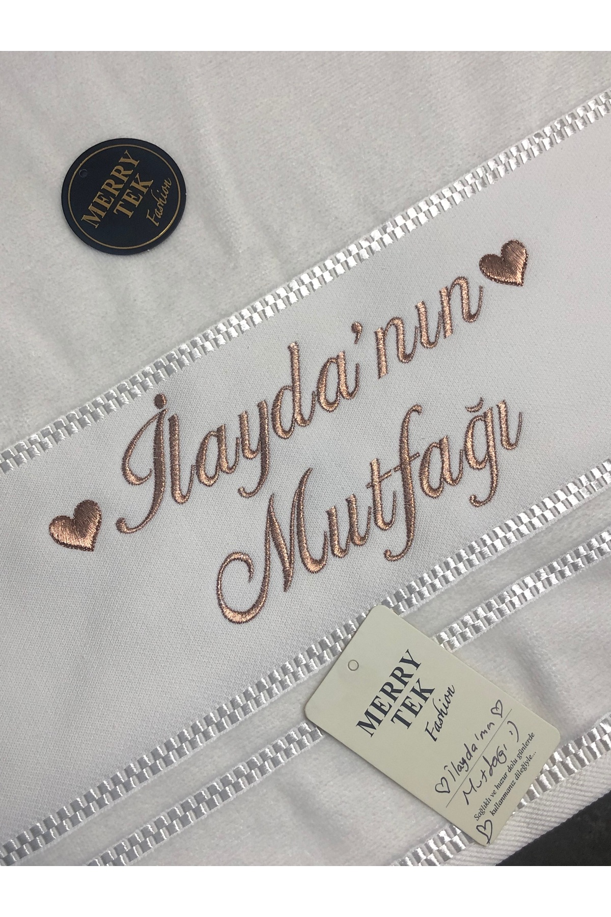 MERRYTEK Fashion İsimli Gelin Mutfak Havlusu Rosegold Bakır sim Metalik Nakışlı 50x90cm
