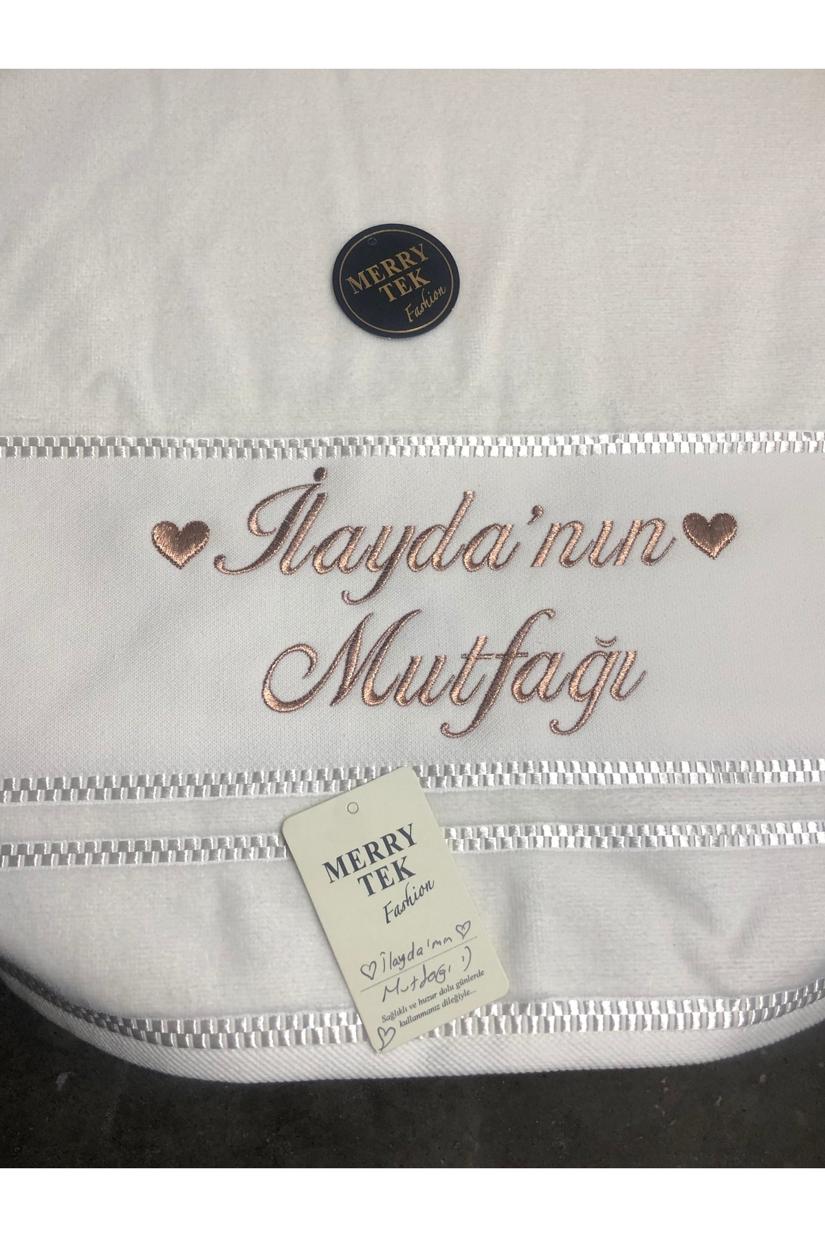MERRYTEK Fashion İsimli Gelin Mutfak Havlusu Rosegold Bakır sim Metalik Nakışlı 50x90cm - Görsel 2