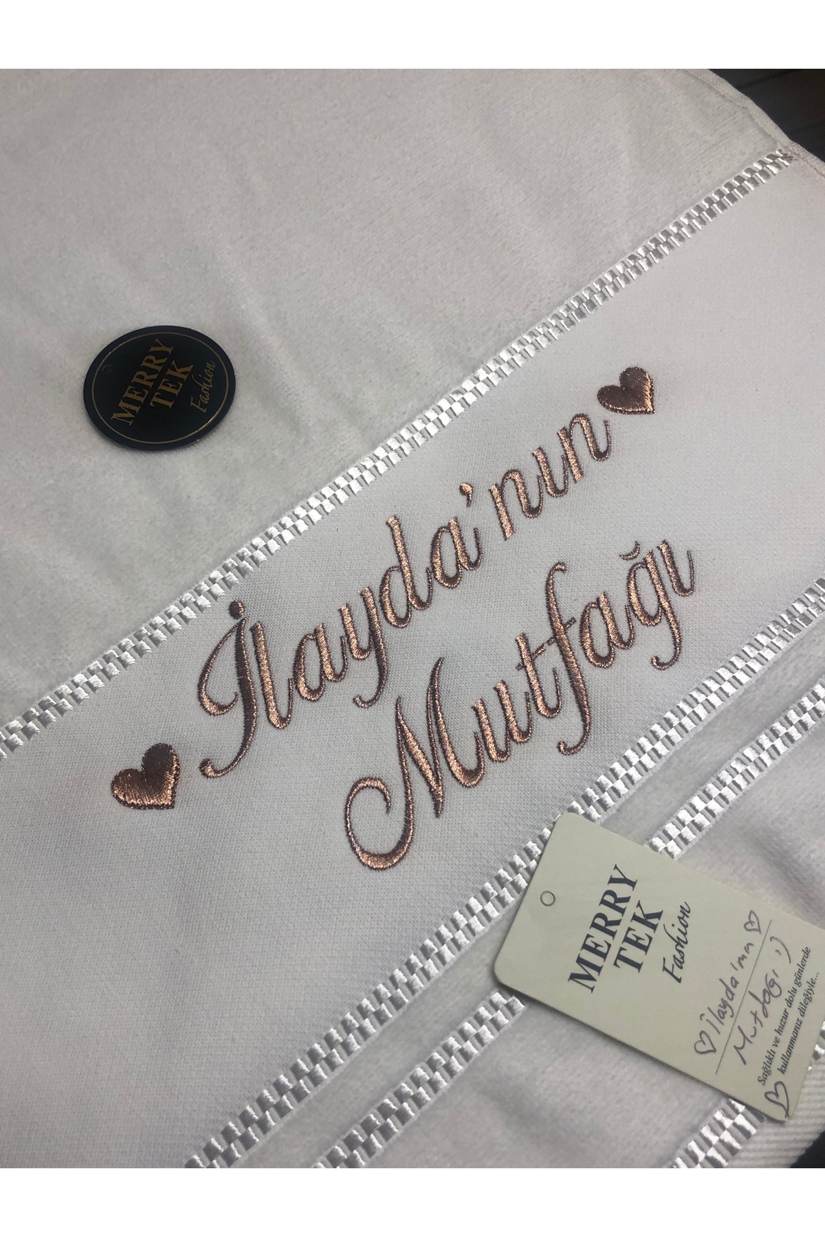 MERRYTEK Fashion İsimli Gelin Mutfak Havlusu Rosegold Bakır sim Metalik Nakışlı 50x90cm - Görsel 3