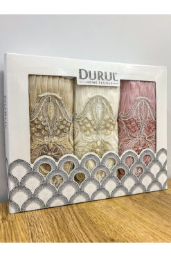 AYHANHOME 3'lü Fransız Güpür İşlemeli Kutulu Çeyizlik 50x90 Kadife El Ve Yüz Havlusu