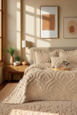 Odamoda Jun Çift Kişilik Yatak Örtüsü Seti BEJ - İskandinav Bohem Püsküllü Örtü Takımı - Şık Kutu ve Paket