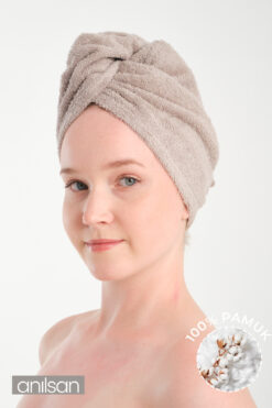 Anılsan %100 Pamuk Bej Havlu Bone Saç Kurutma Bonesi Kafa Havlusu Duş Banyo Bonesi Islak Saç Kurulama Bone