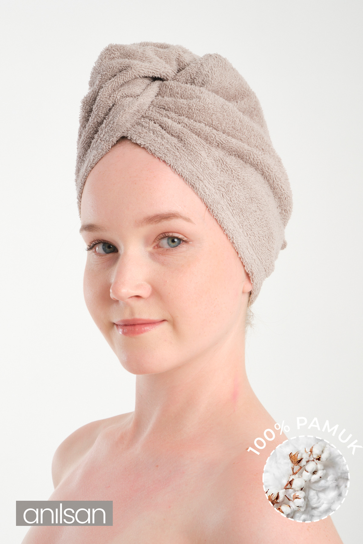 Anılsan %100 Pamuk Bej Havlu Bone Saç Kurutma Bonesi Kafa Havlusu Duş Banyo Bonesi Islak Saç Kurulama Bone