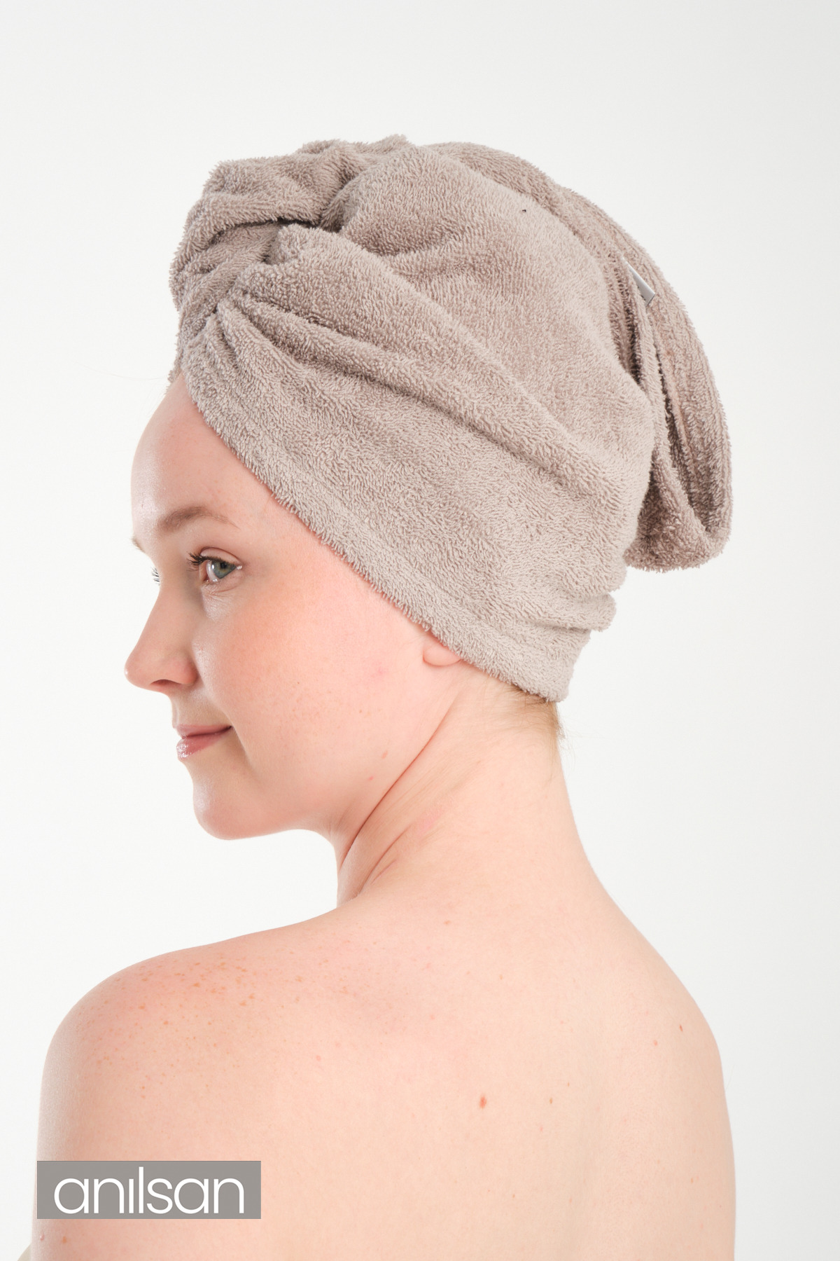 Anılsan %100 Pamuk Bej Havlu Bone Saç Kurutma Bonesi Kafa Havlusu Duş Banyo Bonesi Islak Saç Kurulama Bone - Görsel 2