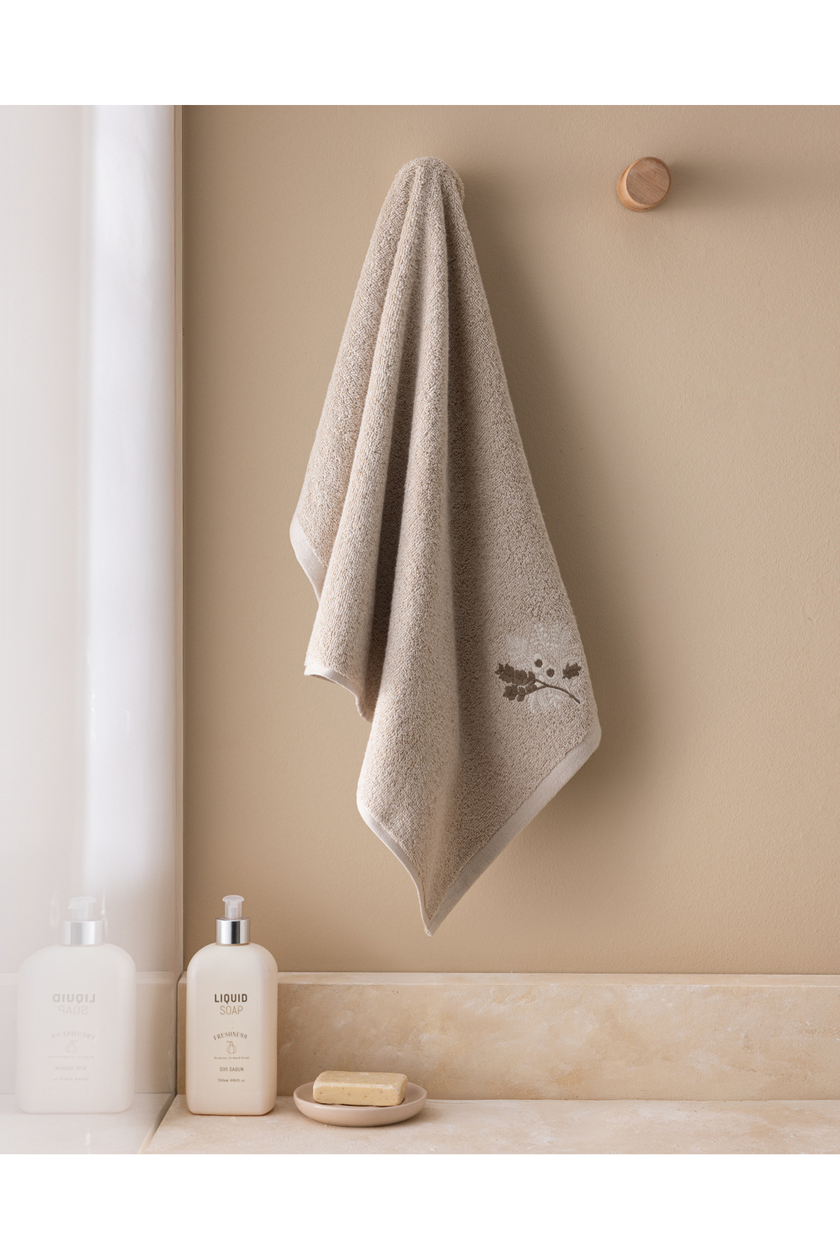 Madame Coco Selmor %100 Pamuk Nakışlı Yüz Havlusu - Bej - 50x76 cm