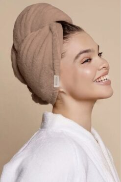 RU RUIADA %100 Pamuk Saç Kurutma Bonesi/Havlusu Lastikli ve Düğmeli Brown