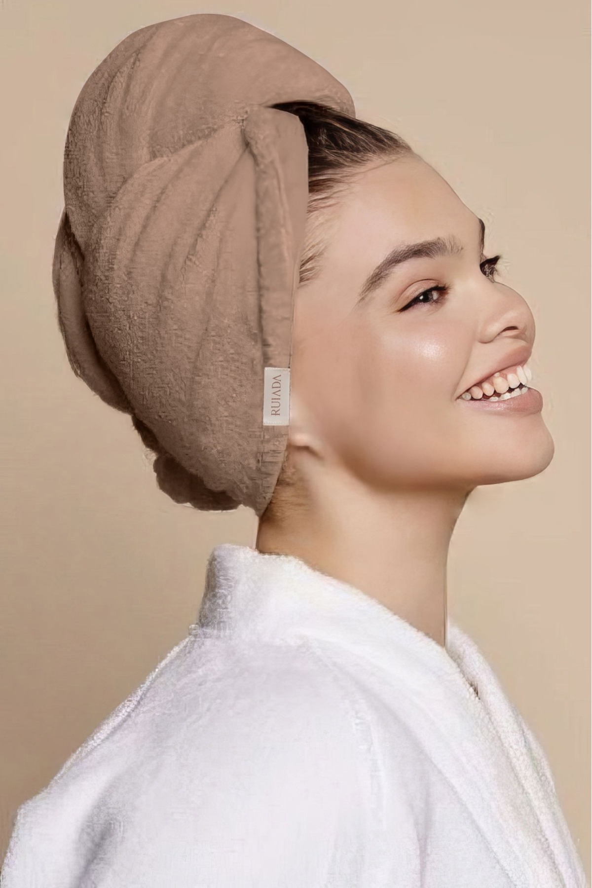 RU RUIADA %100 Pamuk Saç Kurutma Bonesi/Havlusu Lastikli ve Düğmeli Brown